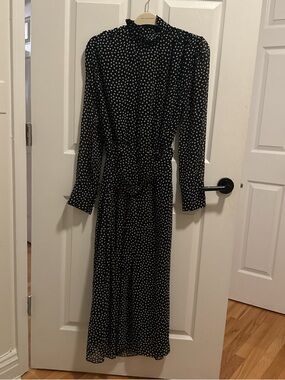 Zara Black Polka Dot Long Sleeve Maxi Dress
